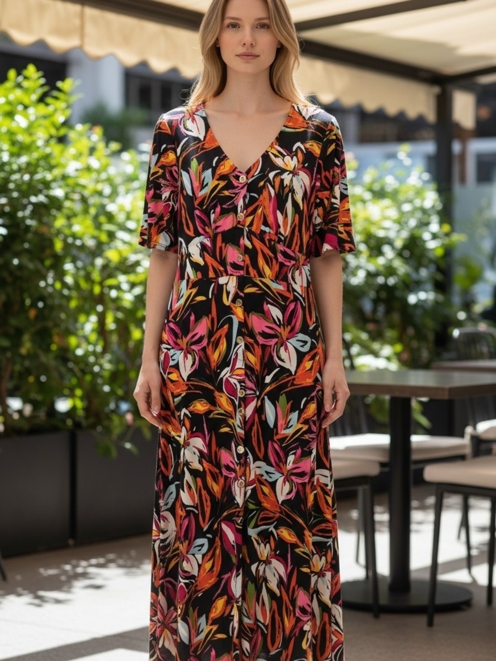 MSK Black Maxi Dress with Pink, Orange & White Floral Print